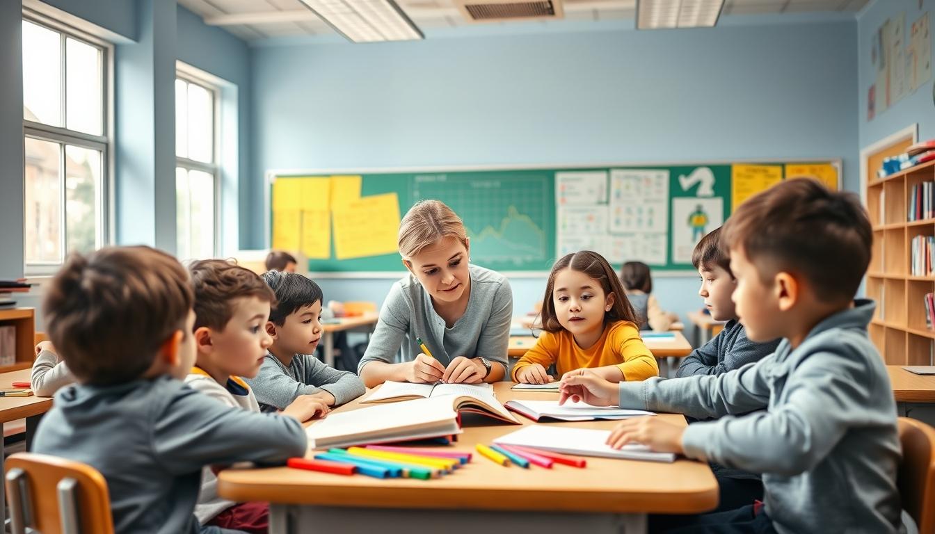 Students studying together in modern classroom
